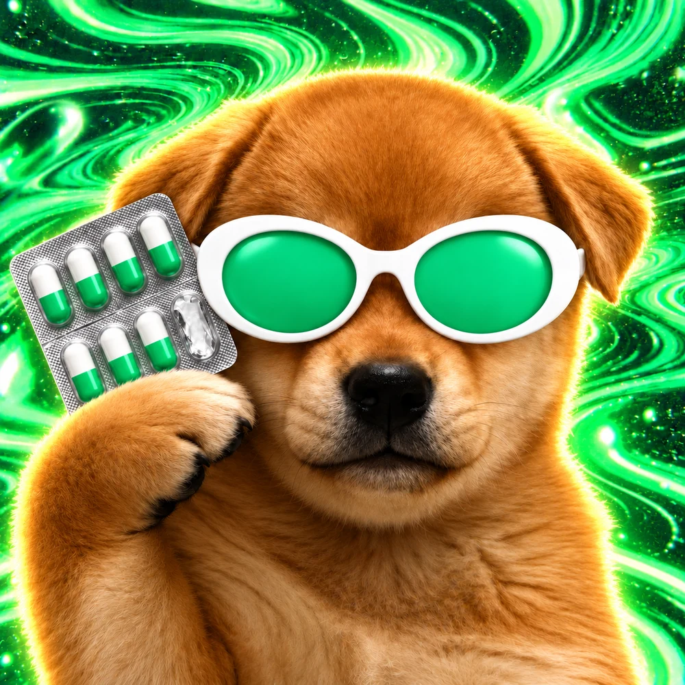 A puppy in white frame green shades holding a blister pack with one capsule missing